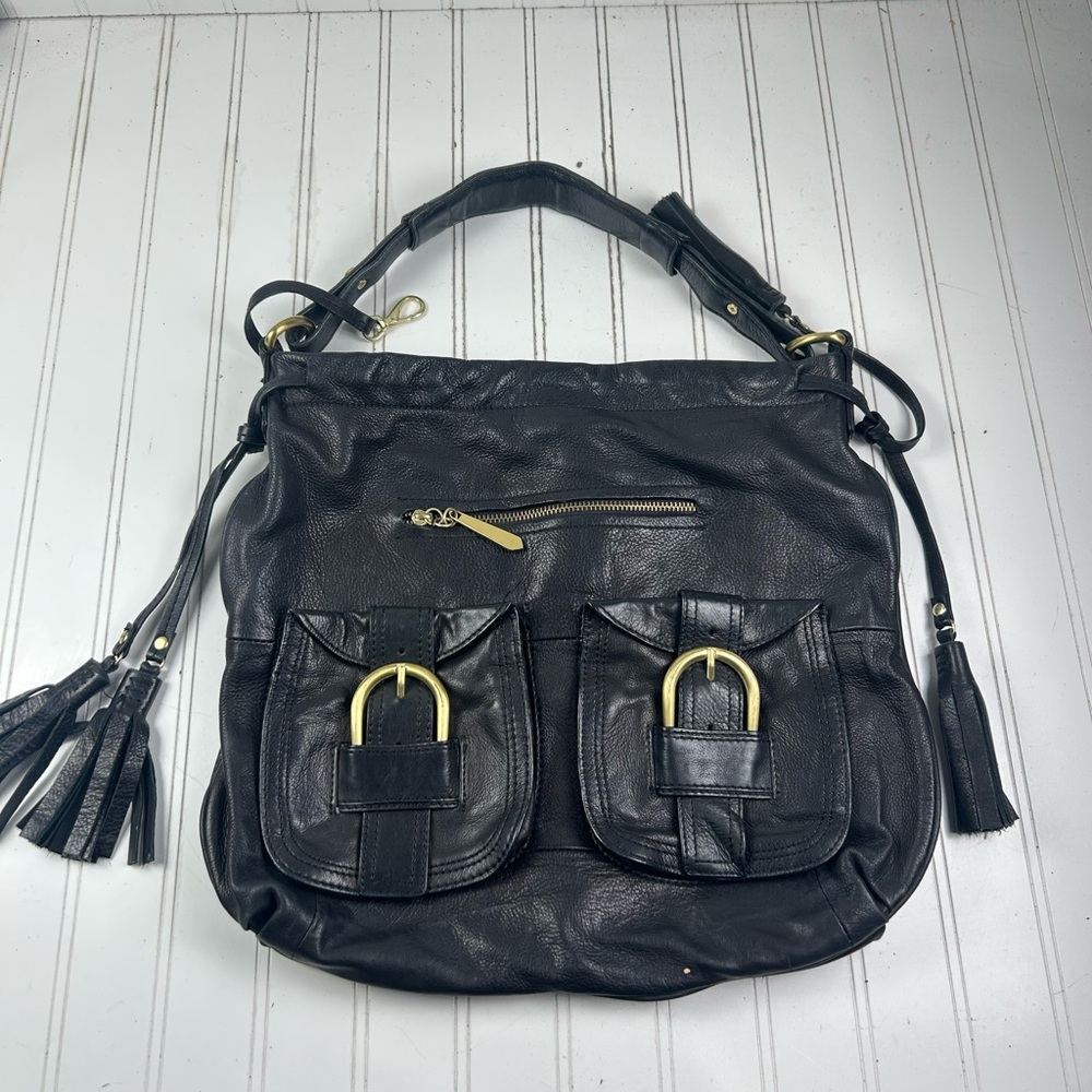 Allison Scott Y2K Black Leather Hobo Shoulder Bag Multi Pocket Gold Hardware - Picture 2 of 12